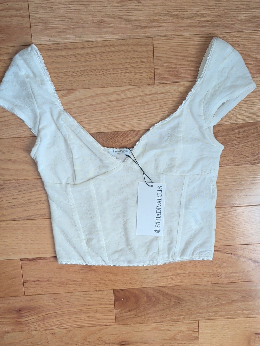 stradivarius Cream Short-Sleeve Corset Crop Top